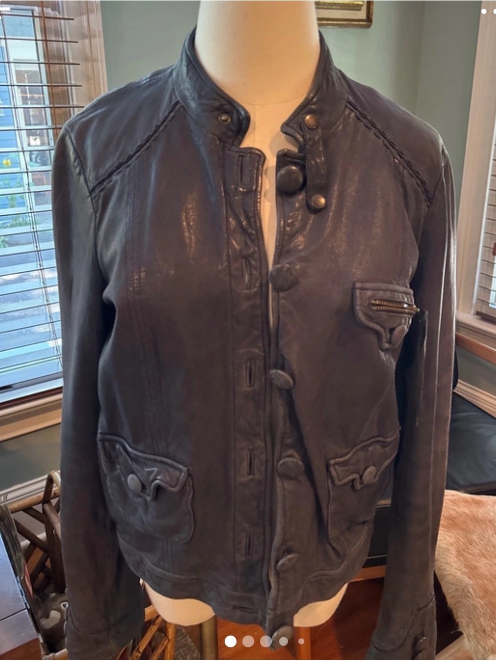 Vintage Women's Dark Gray Moto Leather Button-Front Jacket
